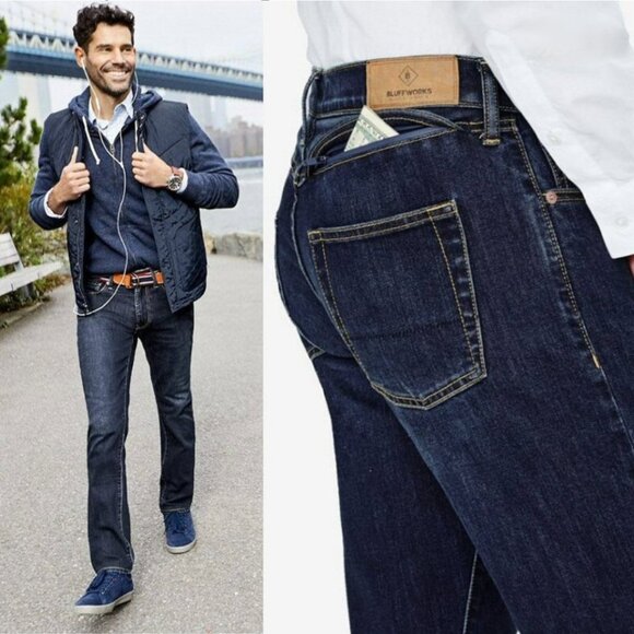 Bluffworks Slim Fit Dark Wash Hidden Pocket Jeans, 32x30 - Picture 1 of 14